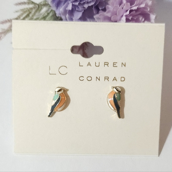 Lauren Conrad LC Orange & Green Bird Gold Plated Stud Earrings - Picture 1 of 6